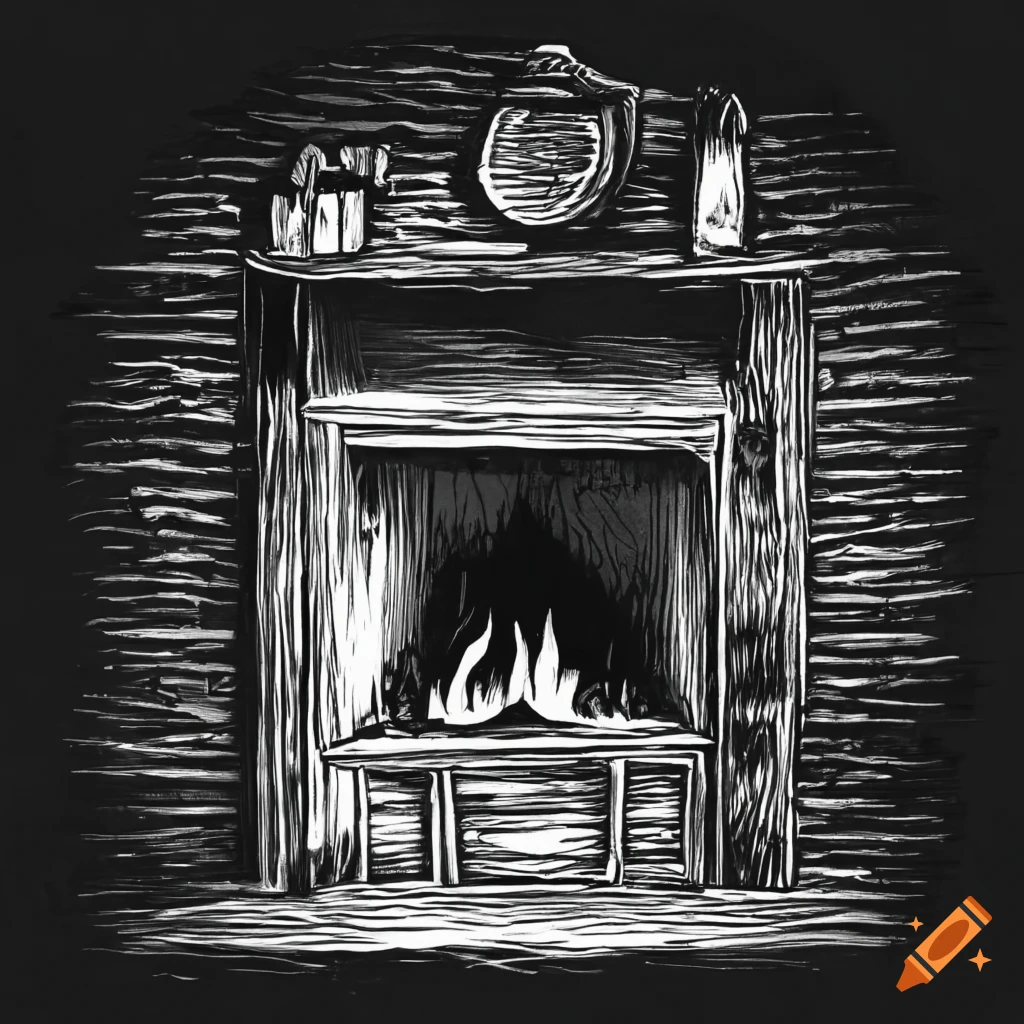 Untidy room with a burning fireplace and a wooden wardrobe in a cabin