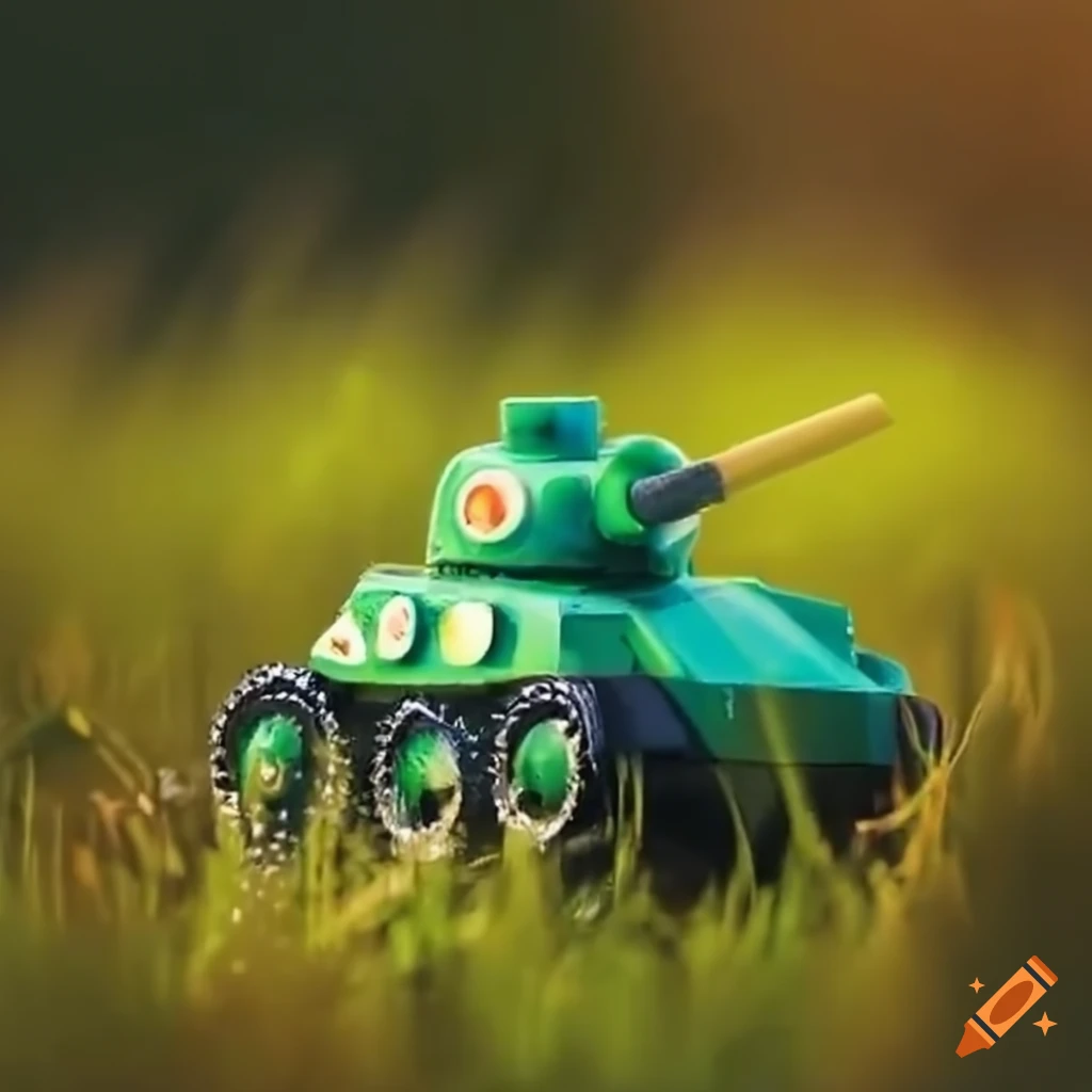 Toy tank navigating through tall grass