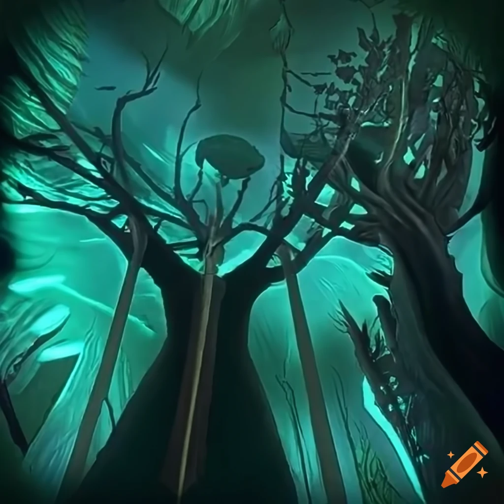 Biopunk paradise with glowing bioluminescent trees in a surreal forest