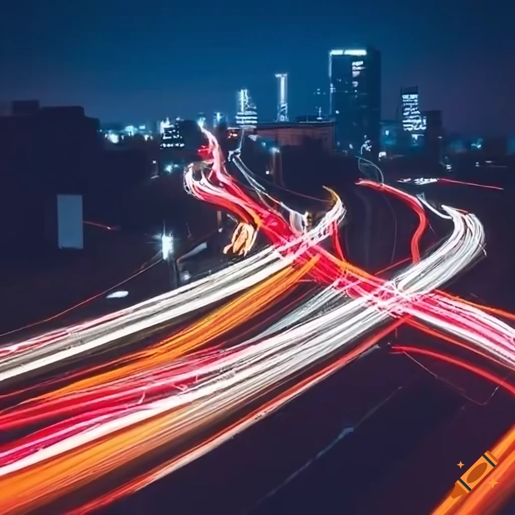 Nighttime long exposure shot of traffic at a highway intersection