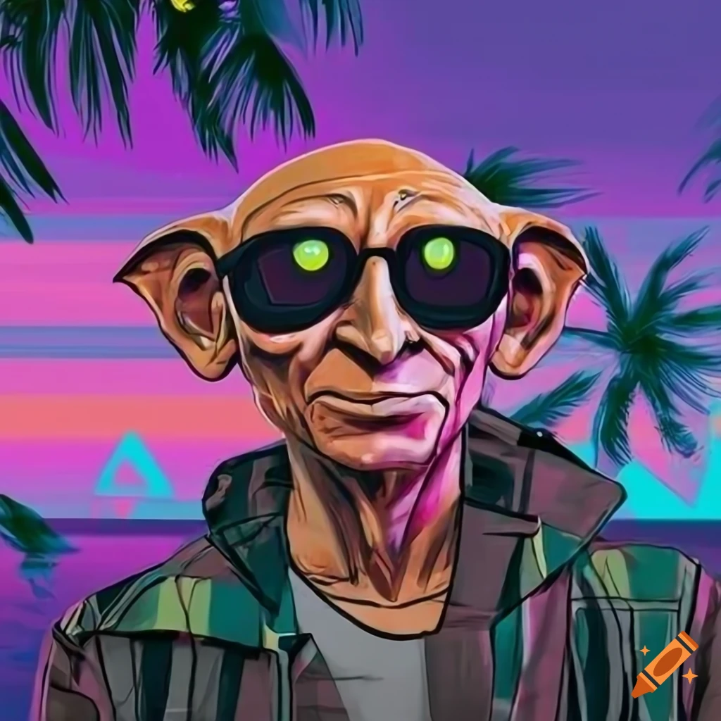 Dobby with sunglasses and face tattoo on a synthwave background