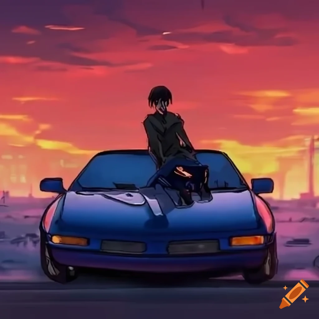 Anime guy posing next to a 1994 Corvette