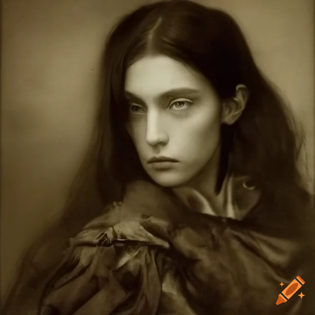 Antique sepia portrait of a beautiful androgynous prince with long black hair and blue eyes