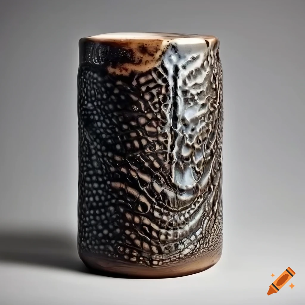 Burnt clay cylinder with crocodile relief pattern and quartz crystals