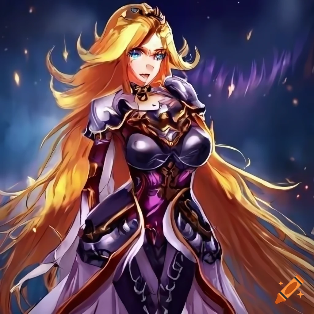 Anime style depiction of a princess with golden fire hair in an icy night dress adorned with stars, goddess of shiny blood