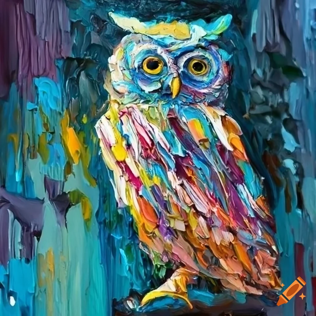 Vibrant thick impasto painting of the owl of Minerva