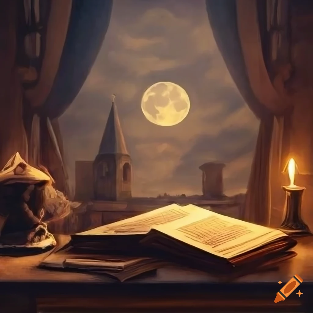 Wizard's cozy study overlooking a moonlit forest with an ancient book ...