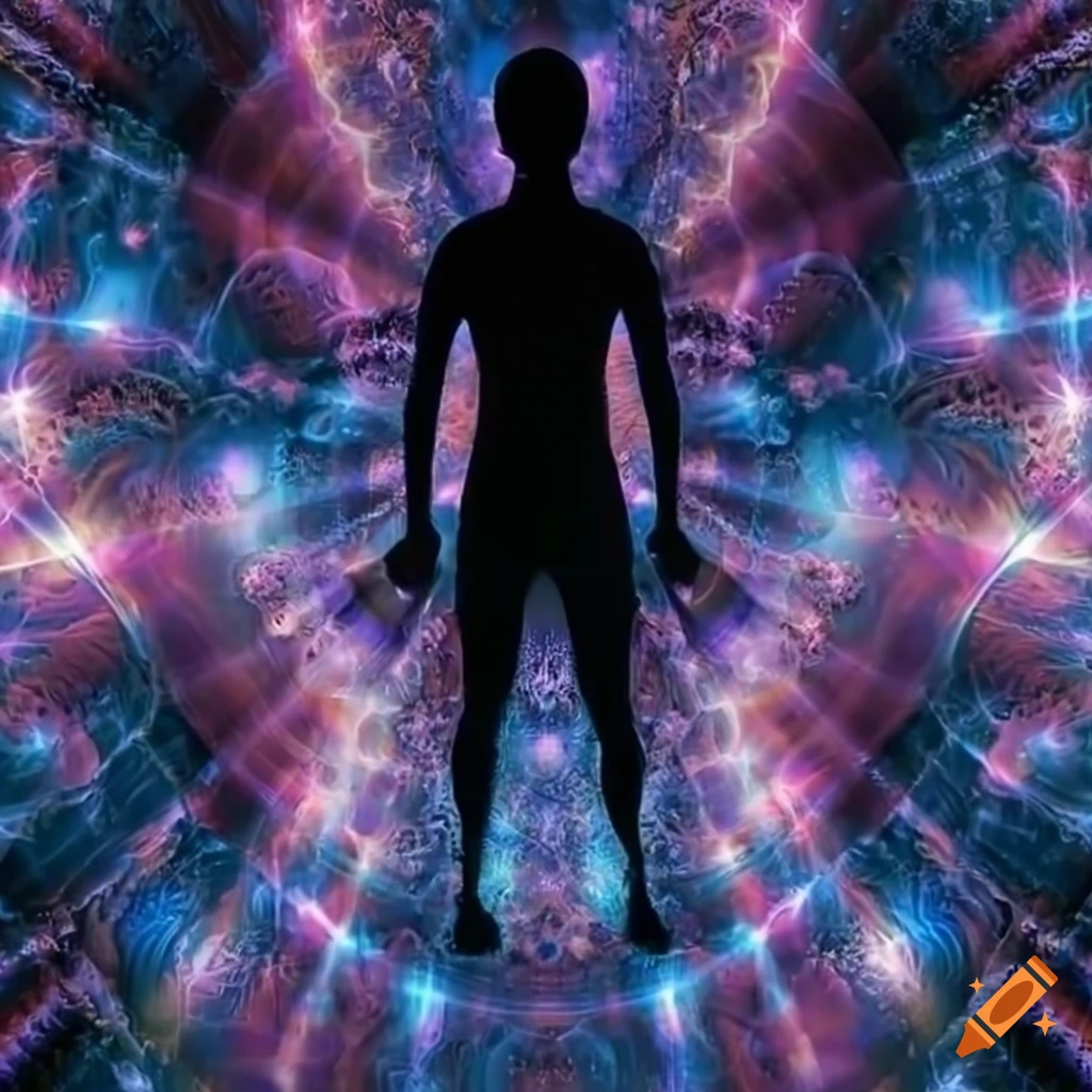 Dynamic artwork of human silhouette running in fractal universe of lights