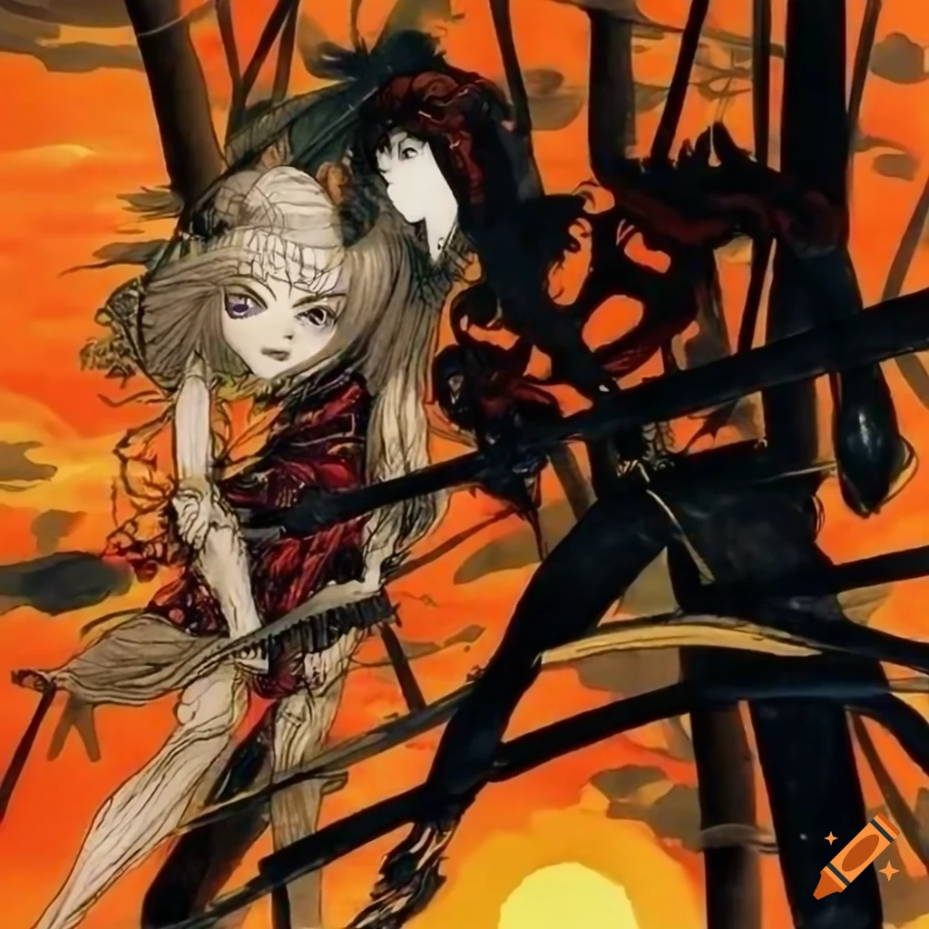 Black and white warriors fighting in a bamboo forest at sunrise, inspired by Yoshitaka Amano