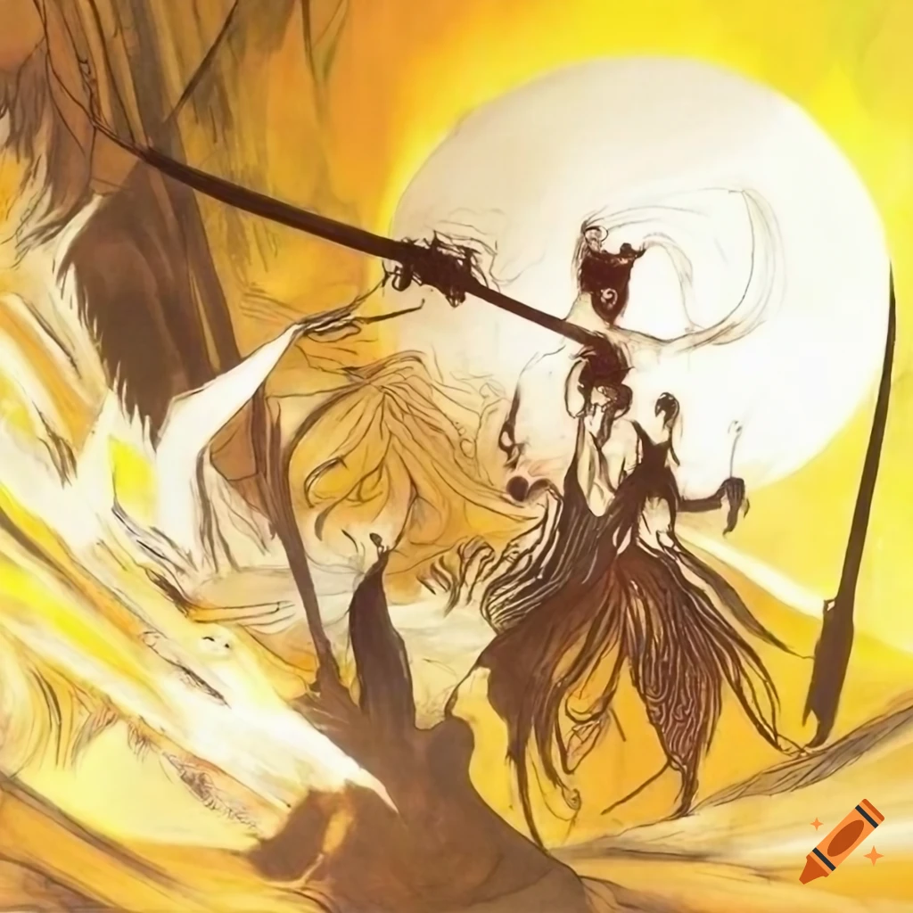 Black warrior battles white warrior in a bamboo forest at sunrise, Yoshitaka Amano style