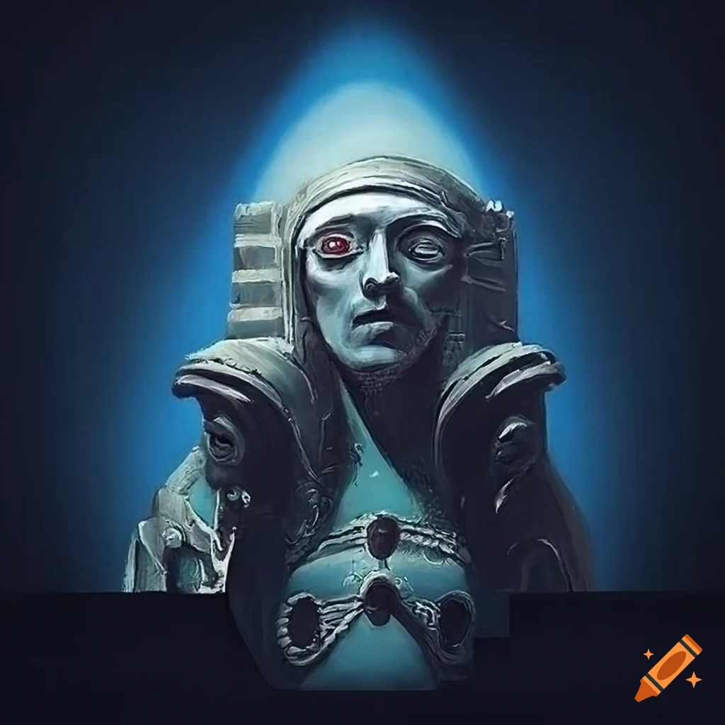 Painting of a silver scimitar and jewels on a sarcophagus in a sci-fi vaporwave baroque art style