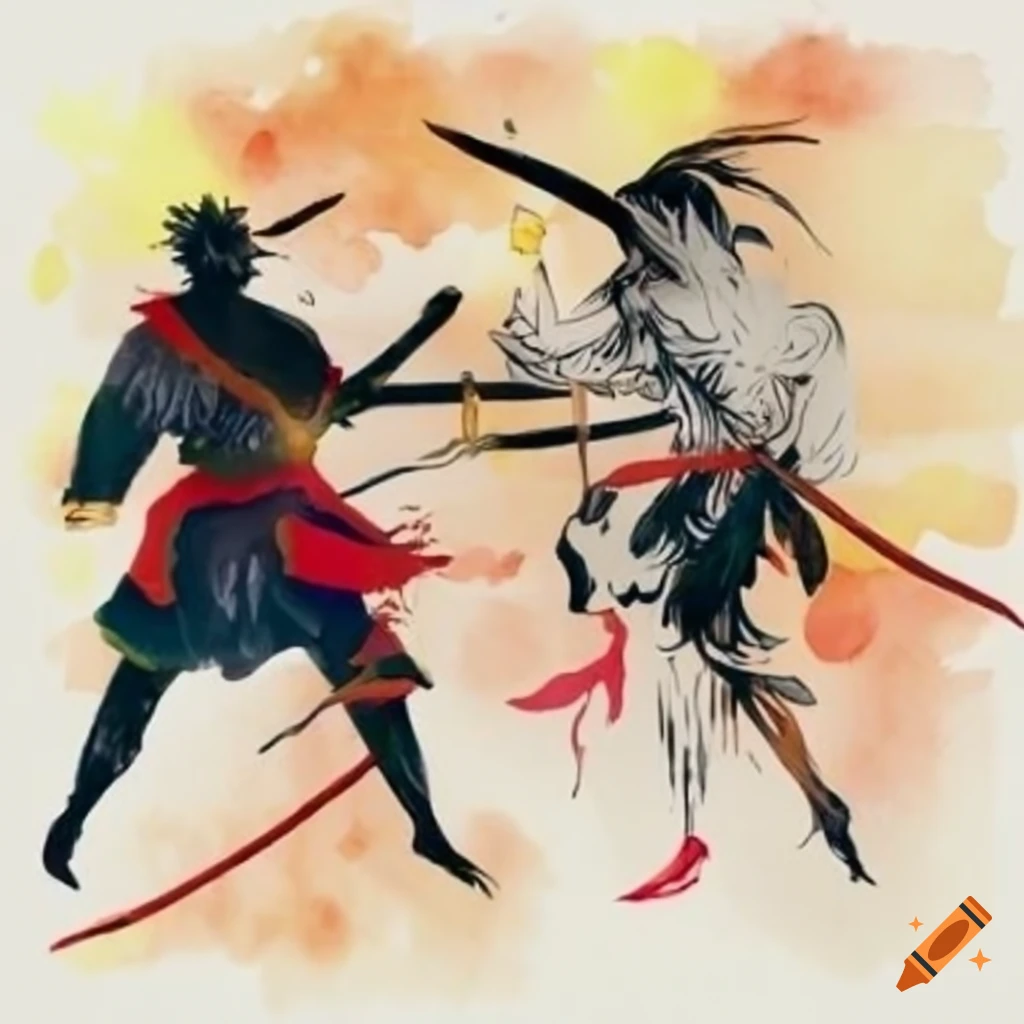 Black warrior battles white warrior in a bamboo forest at sunset, inspired by Yoshitaka Amano