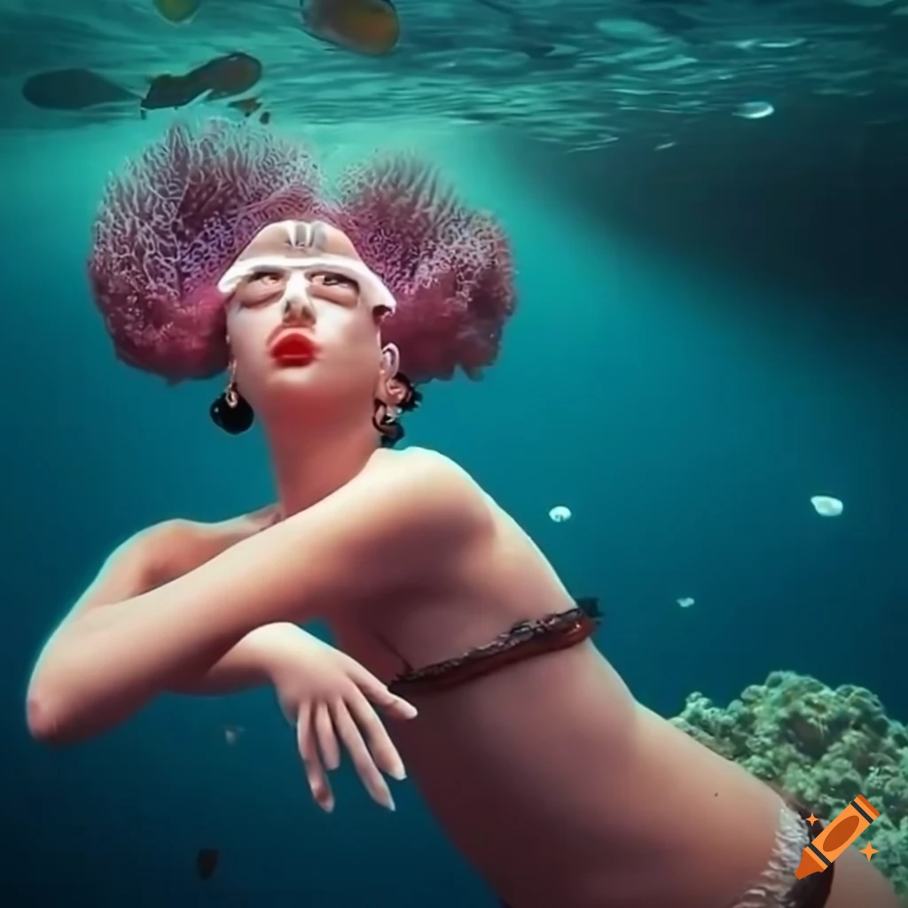 Magical underwater scene with a 1920s flapper model in a coral reef