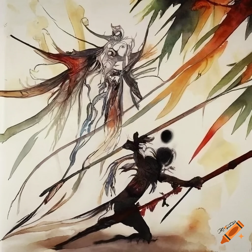 Black warrior battles white warrior in a bamboo forest at sunrise, Yoshitaka Amano style