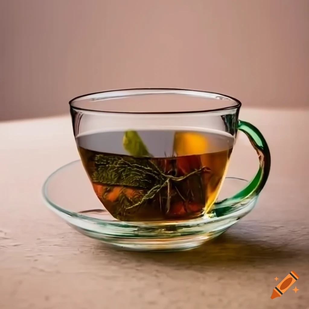 Kenyan tea leaves in a glass cup with snowy mountains in the background