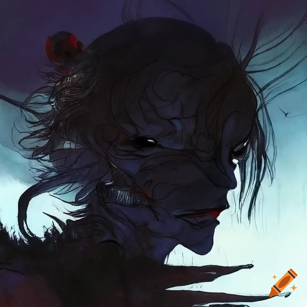 Dark and mysterious warrior in Yoshitaka Amano style artwork on Craiyon