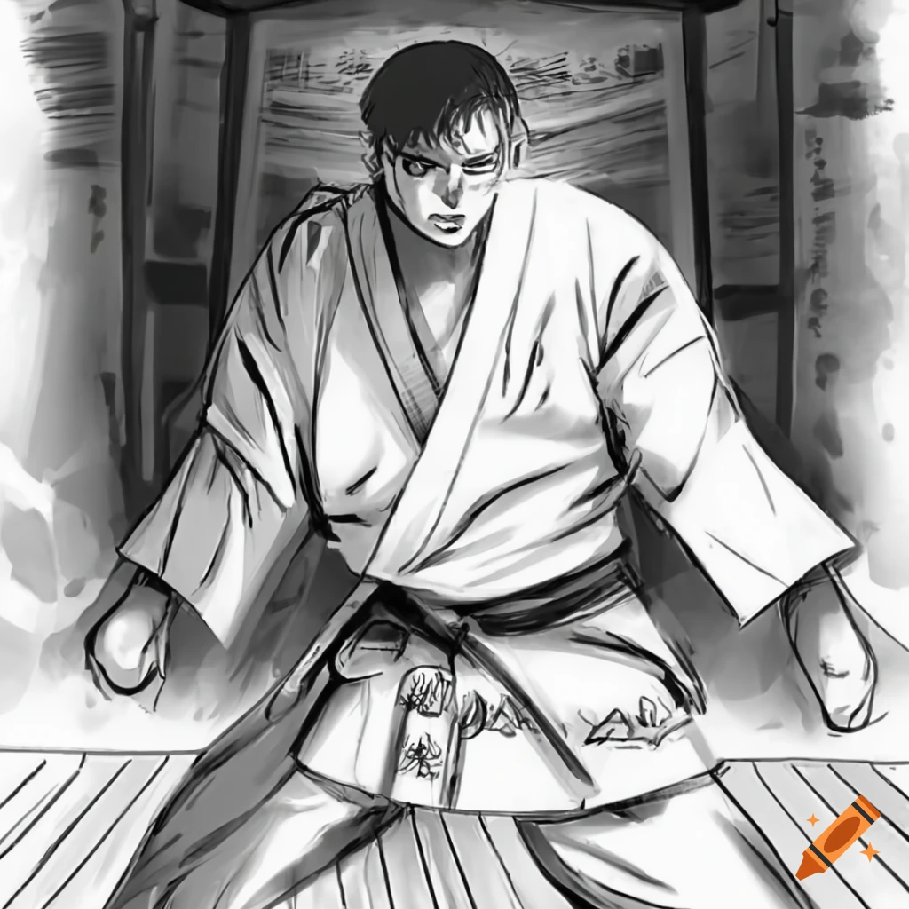 Karate fight in Tokyo with a strong male character battling a monster in anime art style