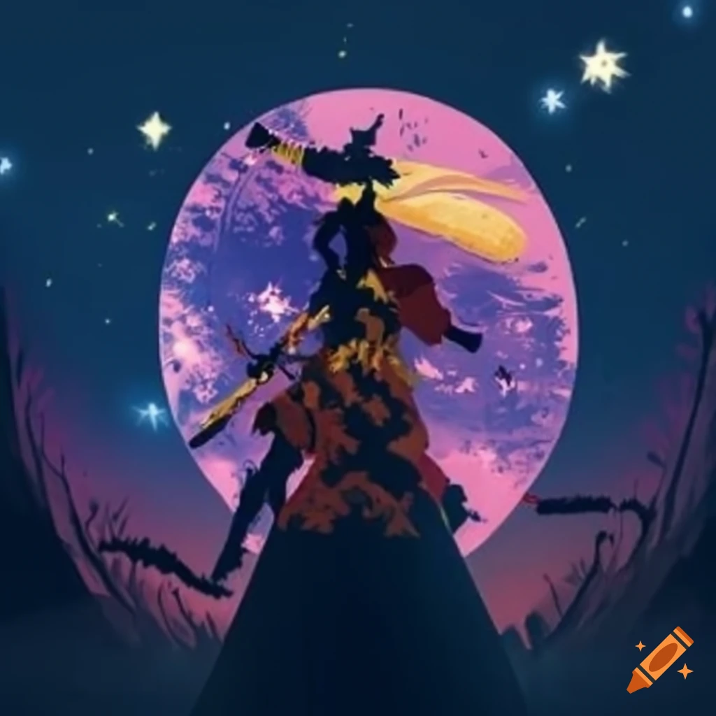 Elegant warriors in epic battle in a bamboo forest under a starry sky