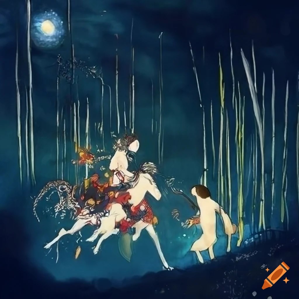 Epic battle between elegant warriors in a bamboo forest under starry sky