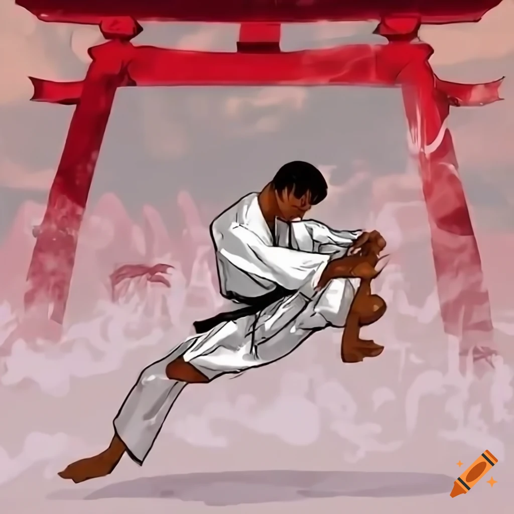 Karate fight in Tokyo: strong male character battling a big monster in do-gi kimono, with a Torii in the background