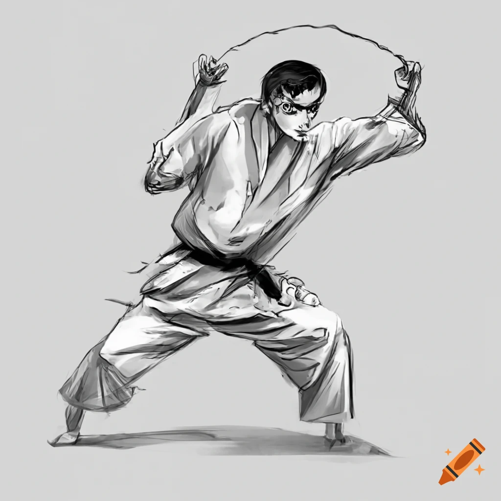 Karate fight in Tokyo with male character in anime art against monster, Torii in background, manga style