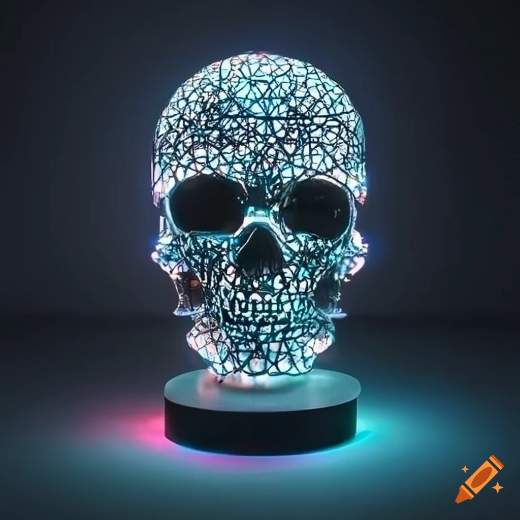 Futuristic lights display of a skull-shaped art sculpture