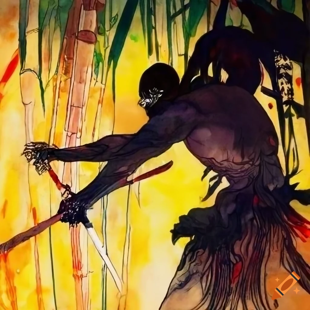 Black warrior versus white warrior in bamboo forest at sunrise, inspired by Yoshitaka Amano