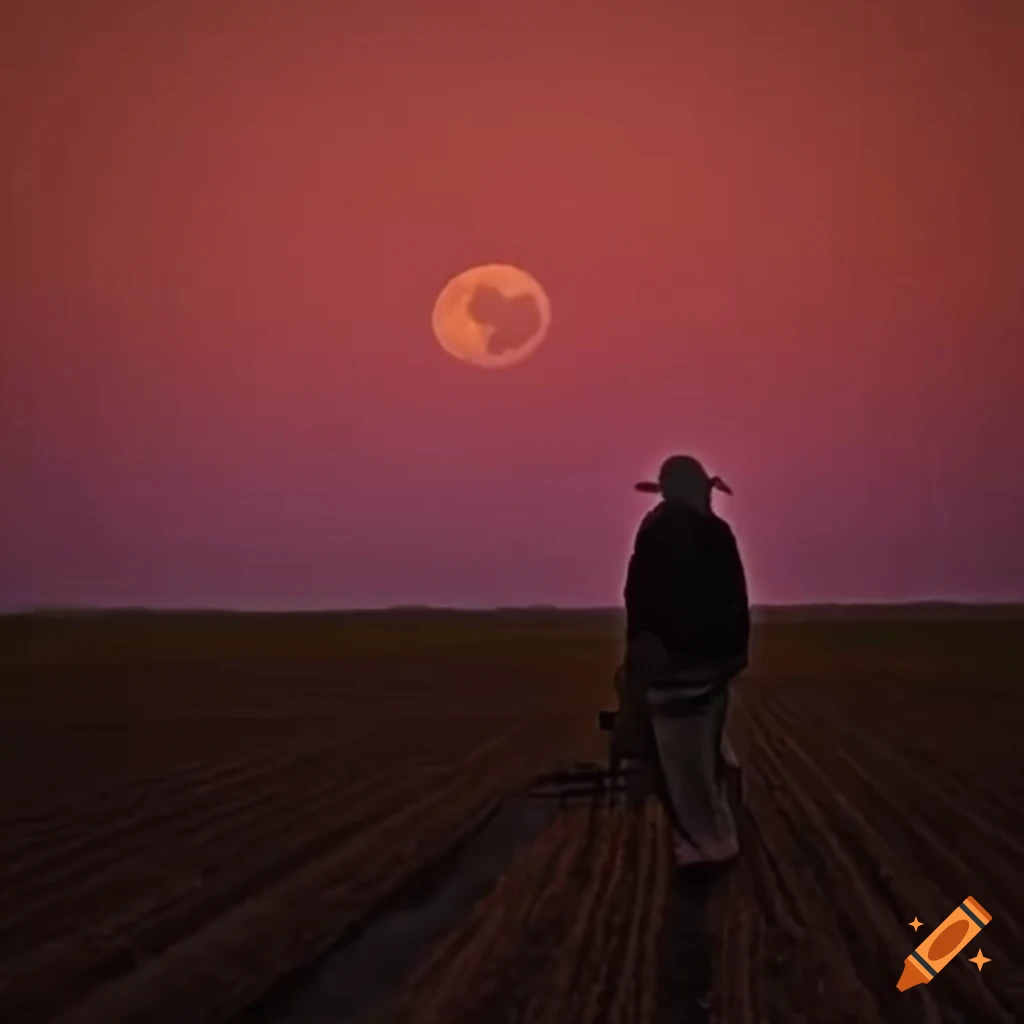 Farmers working under a glowing full moon in a peaceful setting