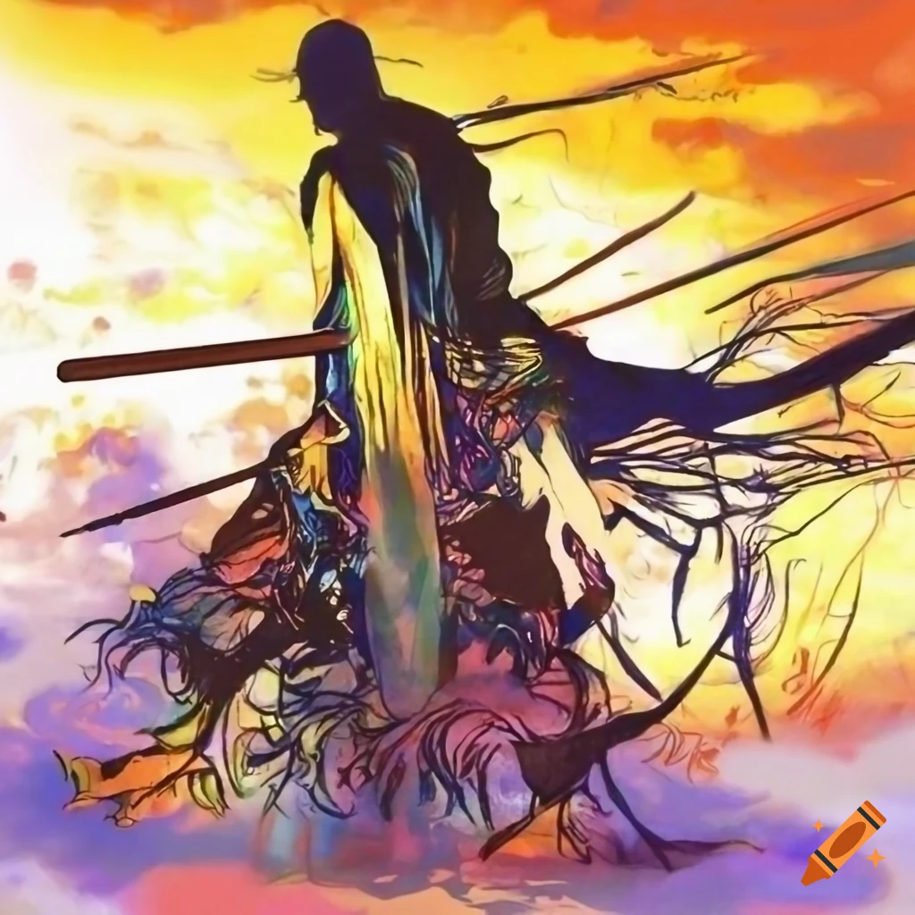Black warrior versus white warrior fighting in a bamboo forest at sunset