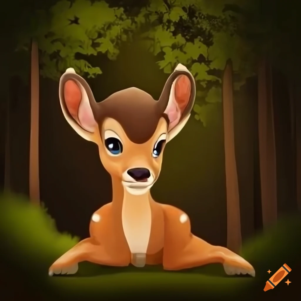 Modern depiction of a cute and young Bambi looking anxiously to the left in a colorful forest with dramatic lighting