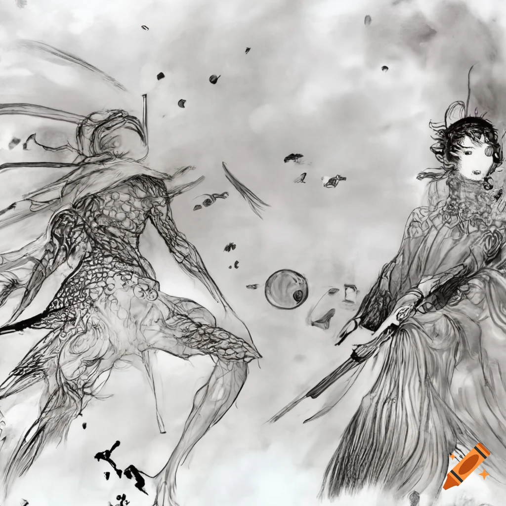 Epic battle of elegant warriors in a bamboo forest under a starry sky, inspired by Yoshitaka Amano