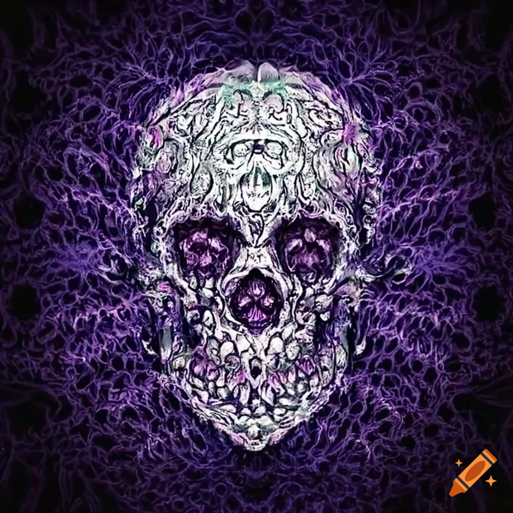 Skull made of glowing pills with psychedelic patterns surrounded by prescription pills and needles