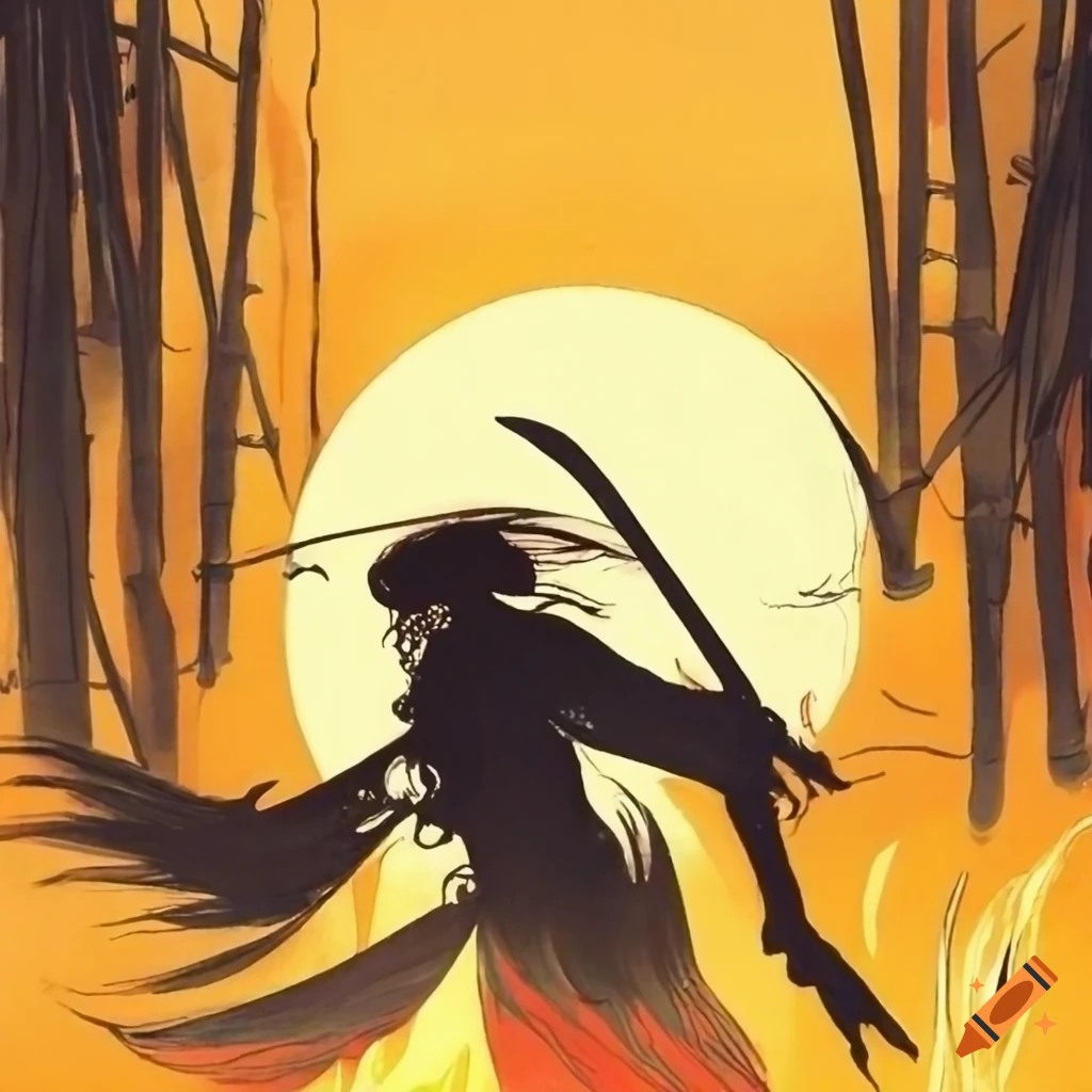 Black warrior versus white warrior fighting in a bamboo forest at sunset