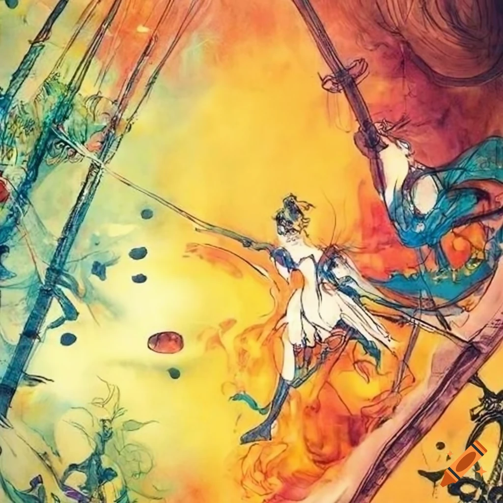 Epic battle of elegant warriors in a sunlit bamboo forest with stars and planets in the sky