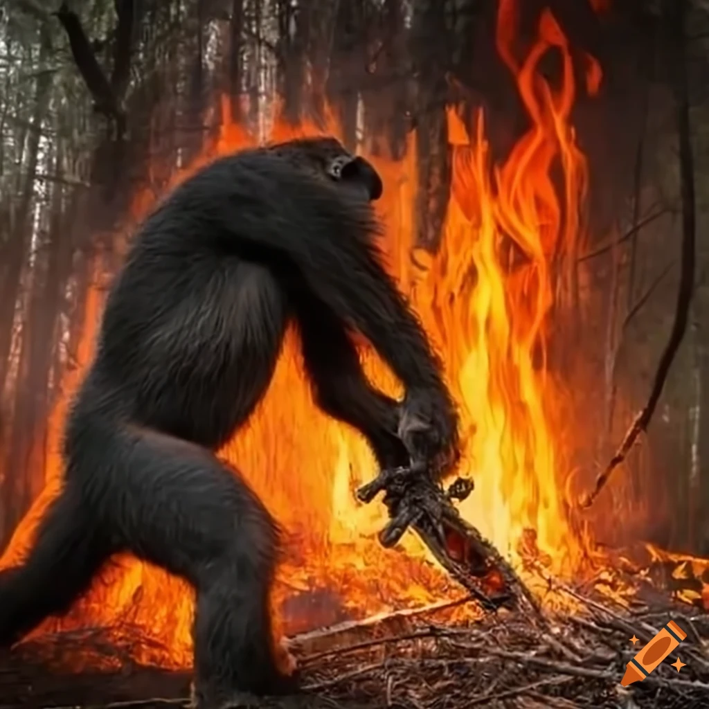 Apes fighting a forest fire with chainsaws