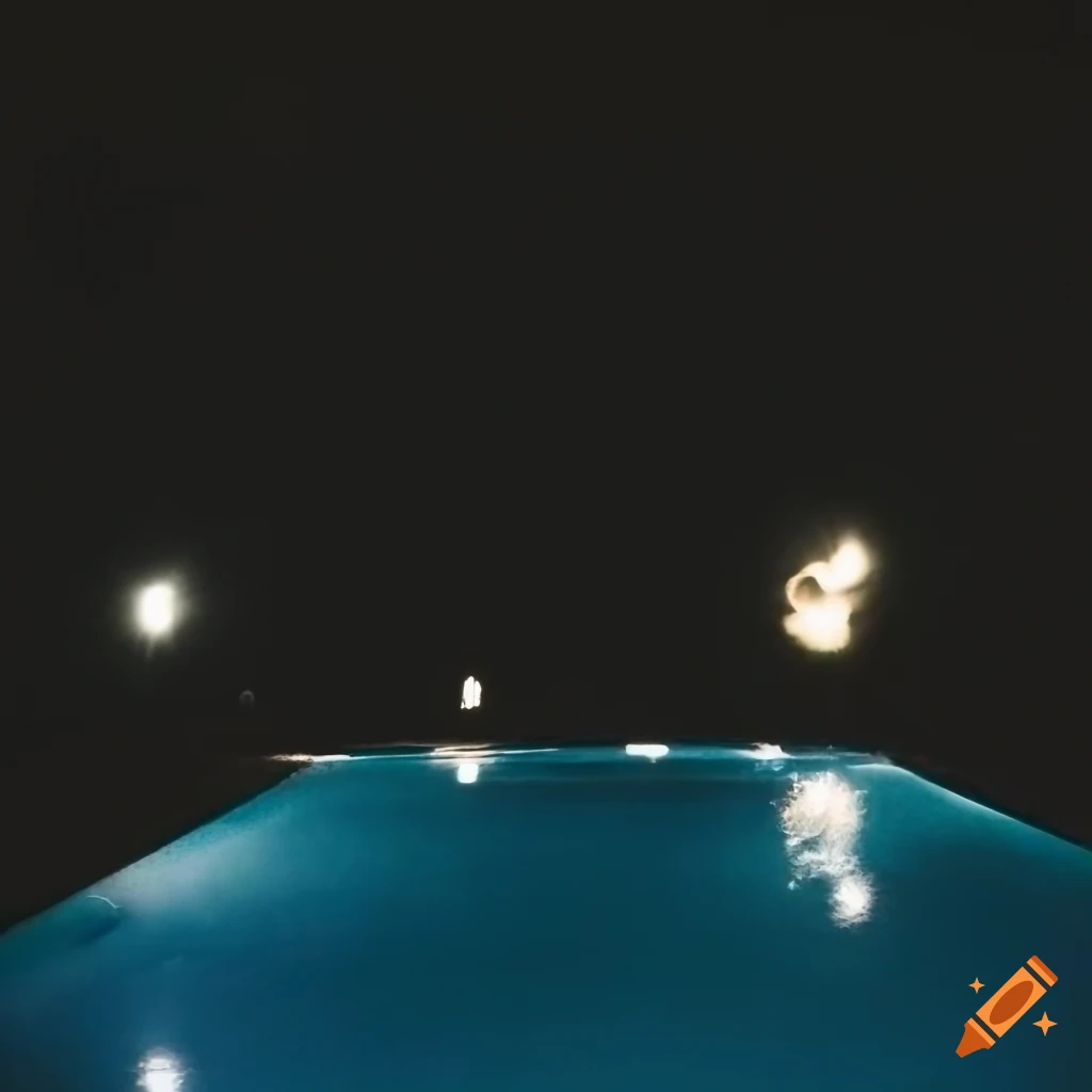 Night outdoor pool with distant lights in a low-fi Polaroid style