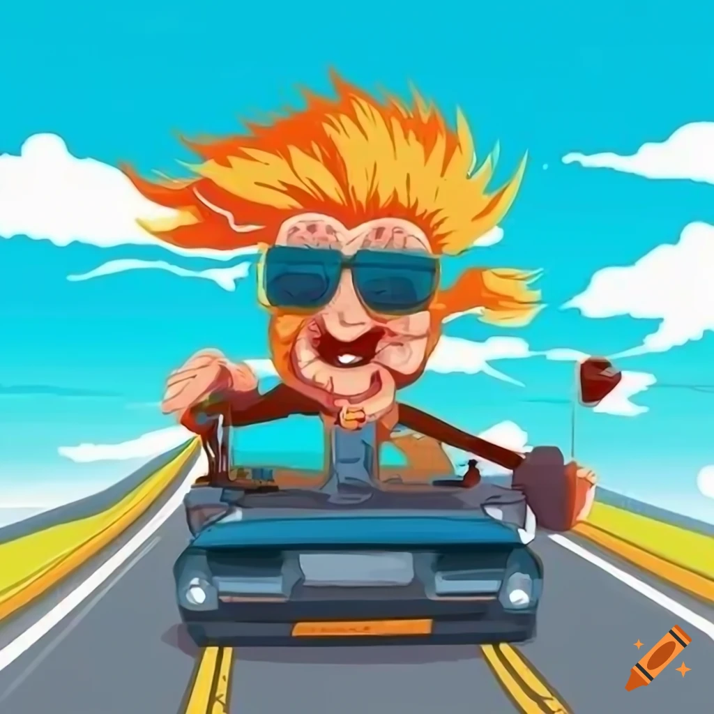 Adventurous driver on the highway in a cool cartoon art style