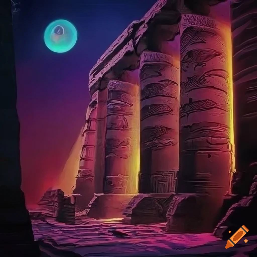 Ancient stone wall with hieroglyphic painting in a sci-fi vaporwave abstract art style