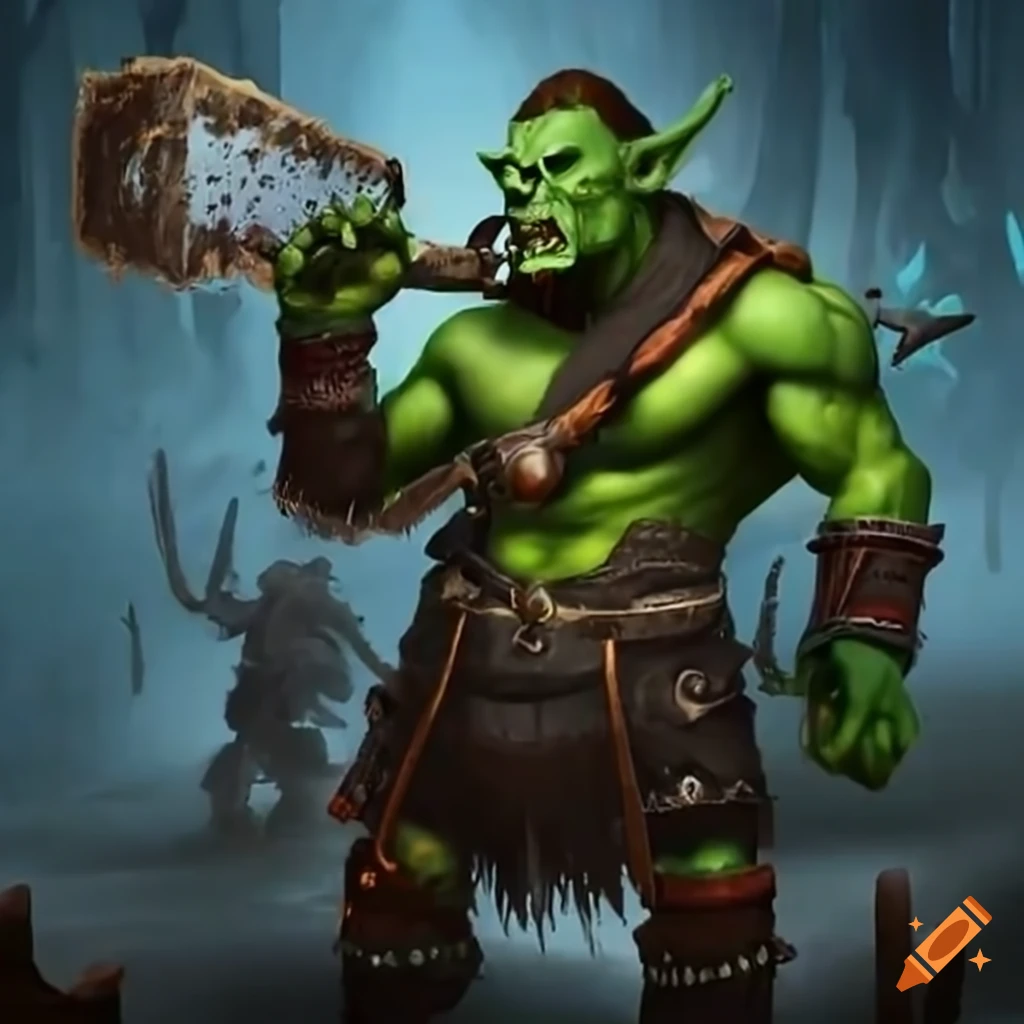 Menacing orc warrior with chainsaw in front of medieval fortress