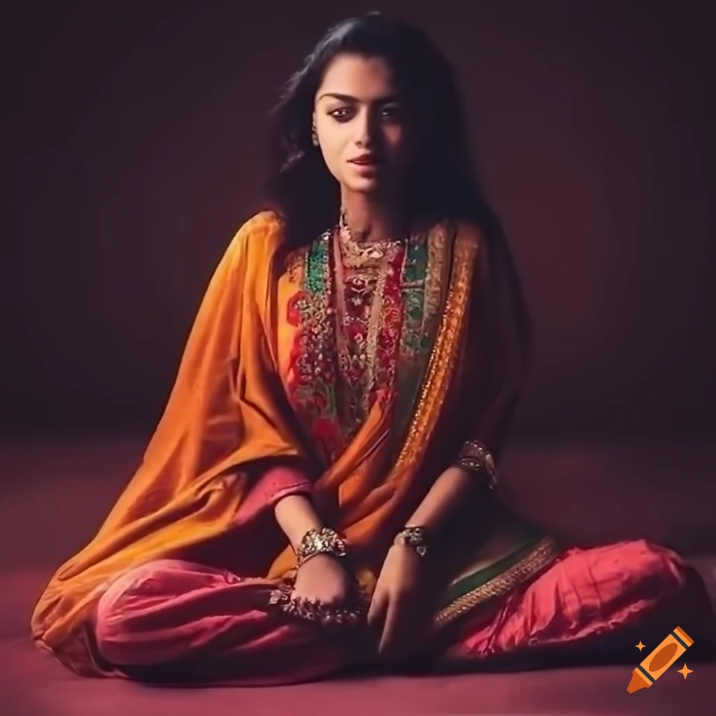 Woman in Indian kurta dress seated on the floor from a point of view perspective