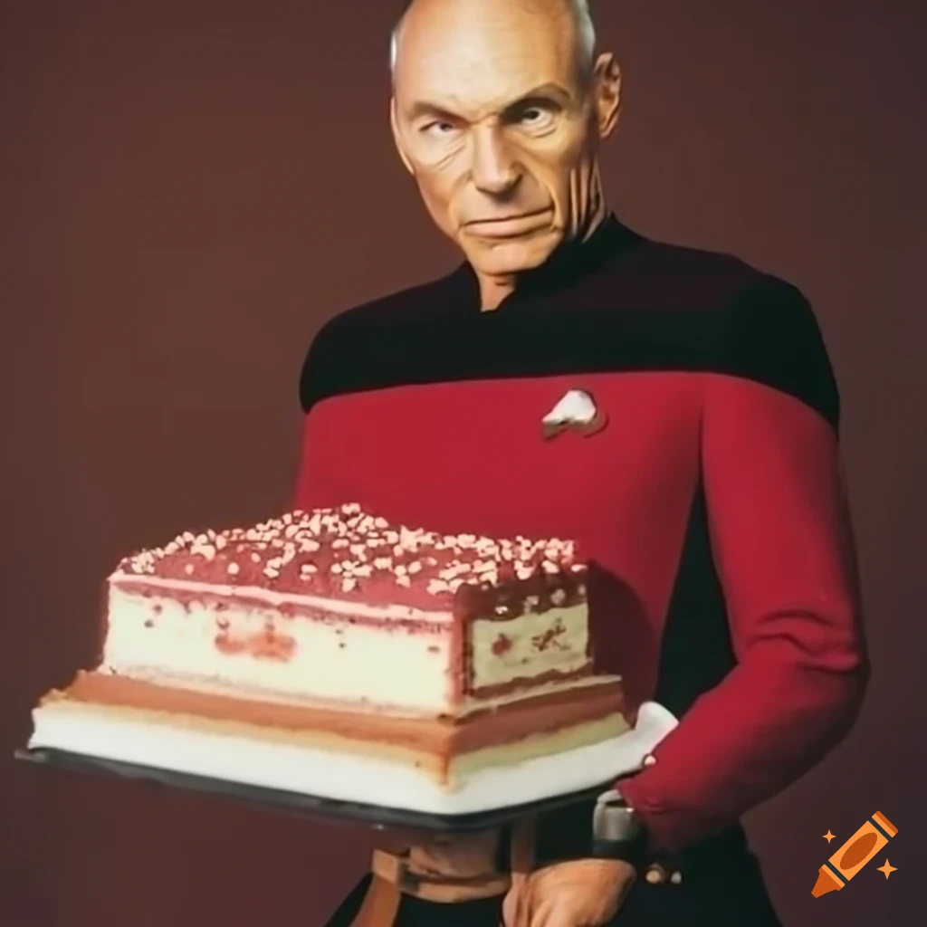 Captain Jean Luc Picard with a decorated cake and the name "Felix" in the background