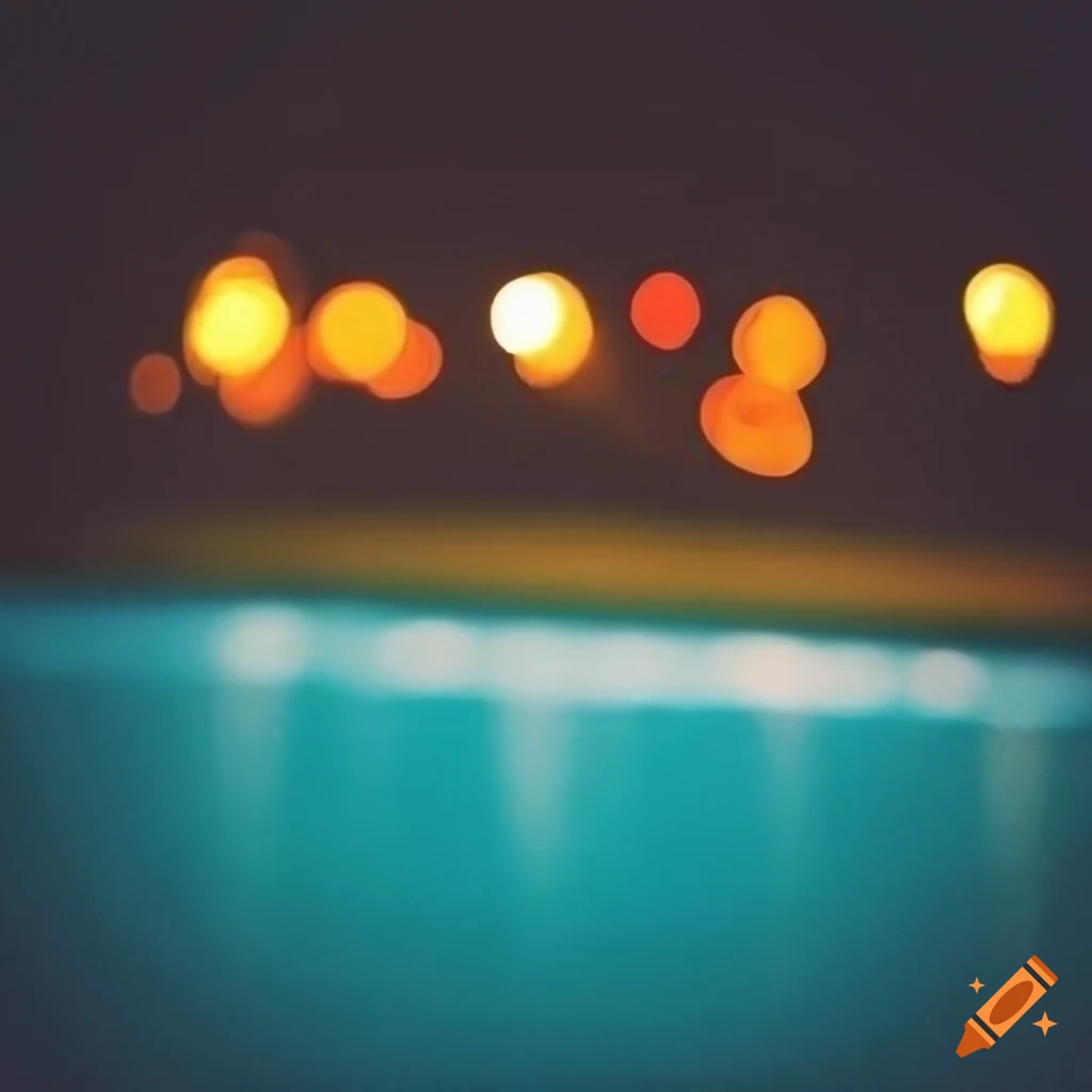 Night outdoor pool with distant lights in the background, captured in low-fi Polaroid style