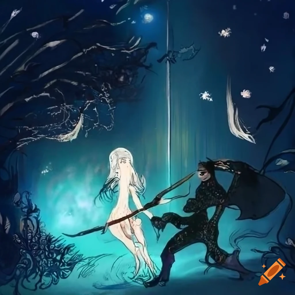 Epic battle of elegant warriors in a bamboo forest under a starry sky