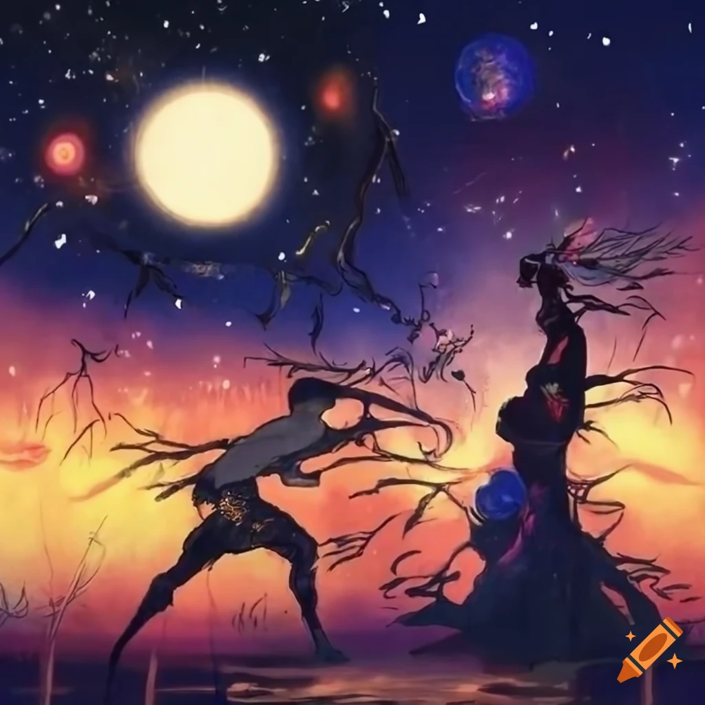 Epic battle of elegant warriors in a sunlit bamboo forest under a starry sky