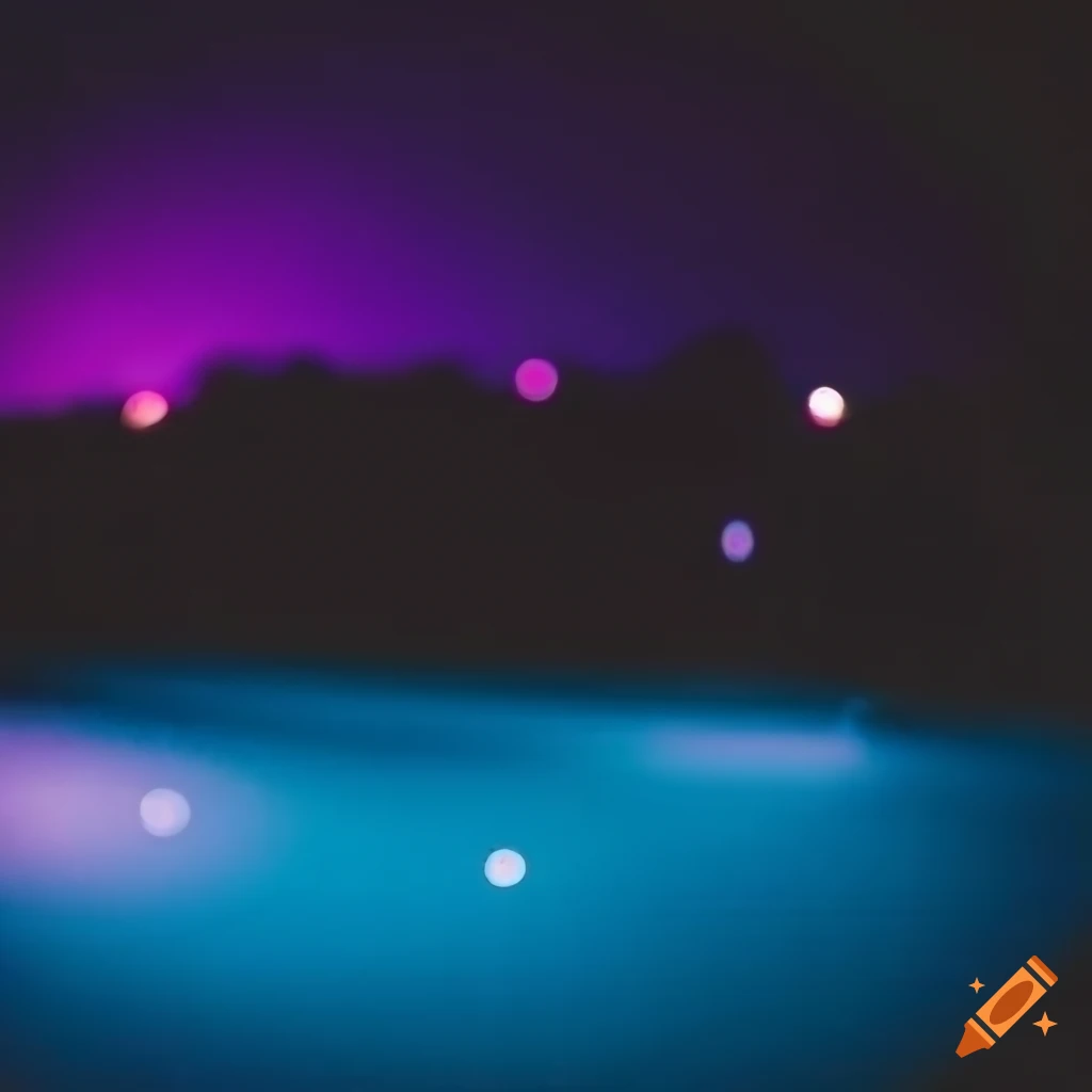 Night outdoor pool with distant lights in low-fi Polaroid style