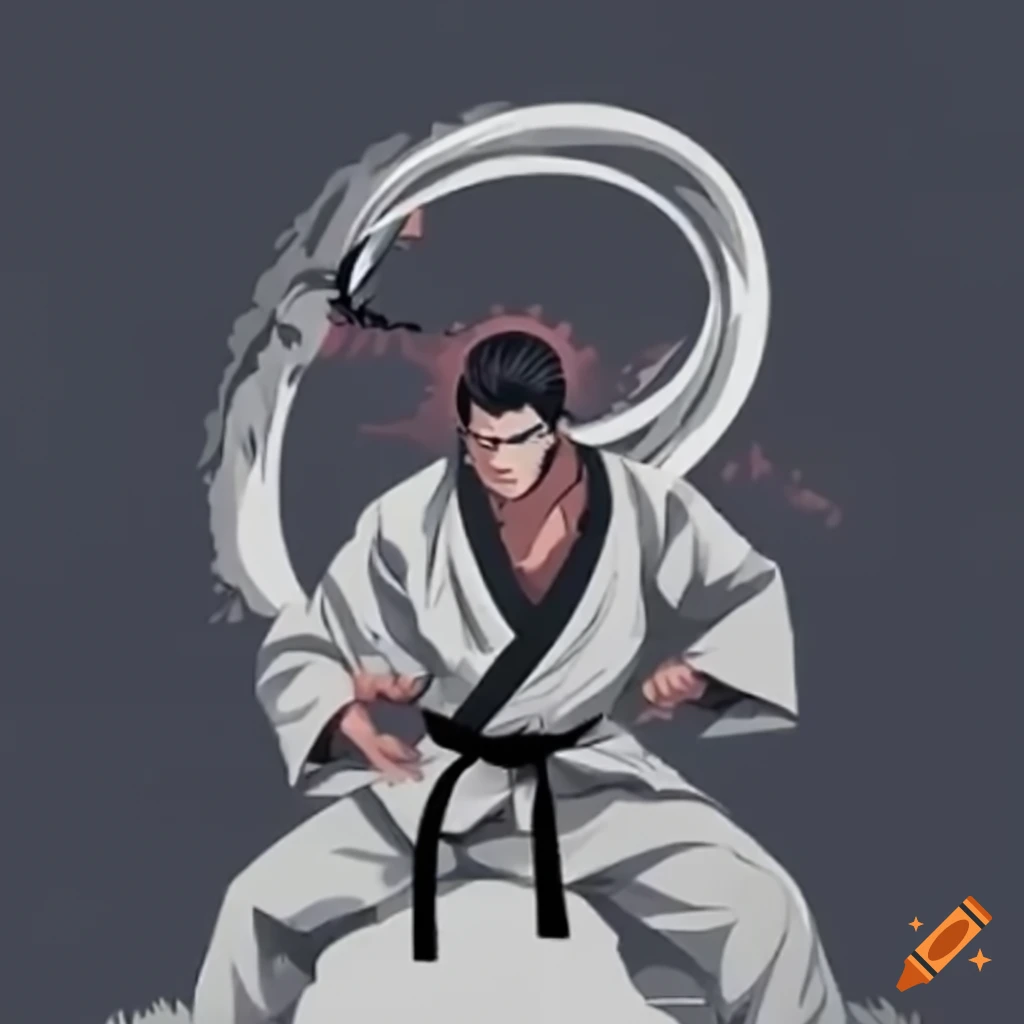 Karate fight in Tokyo city with anime male character against a monster in kimono, Torii in the background