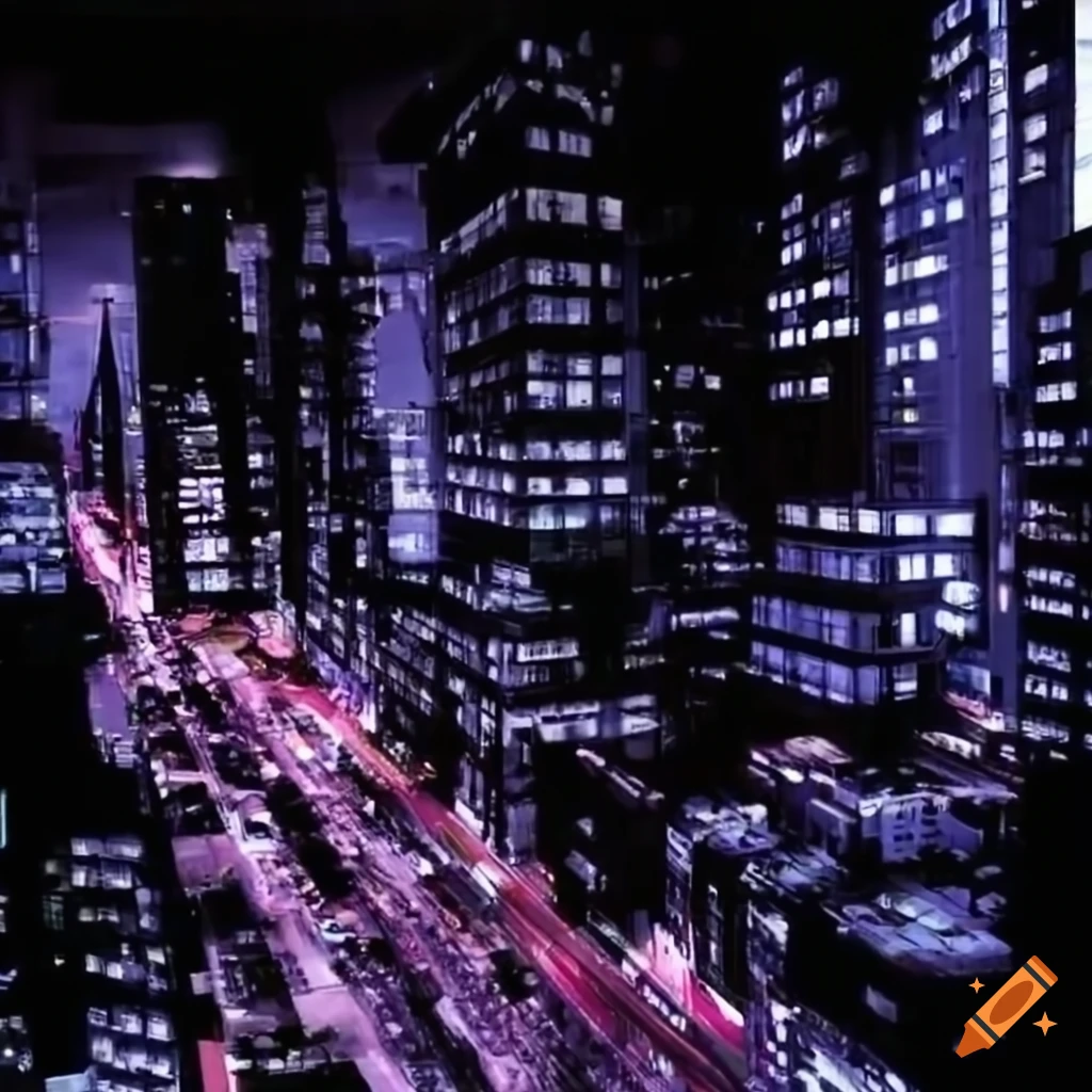 Aesthetic cyber city top view with lights in windows and intricate city planning