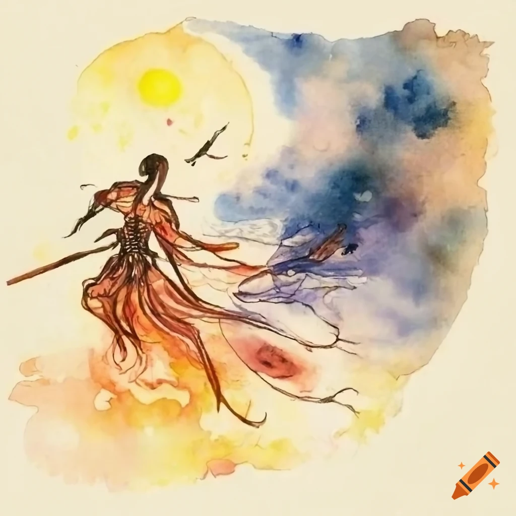 Battle between elegant warriors in a sunlit bamboo forest under a starry sky, inspired by Yoshitaka Amano