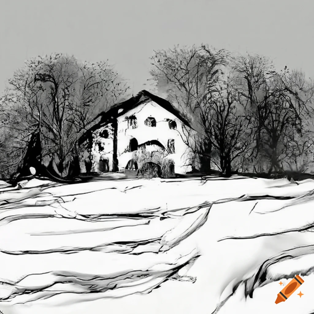 Historic small European manor on a snow-covered hill
