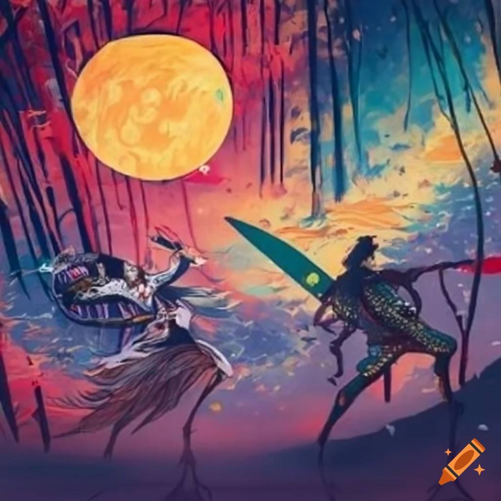 Epic battle between two warriors in a bamboo forest under a starry sky, inspired by Yoshitaka Amano